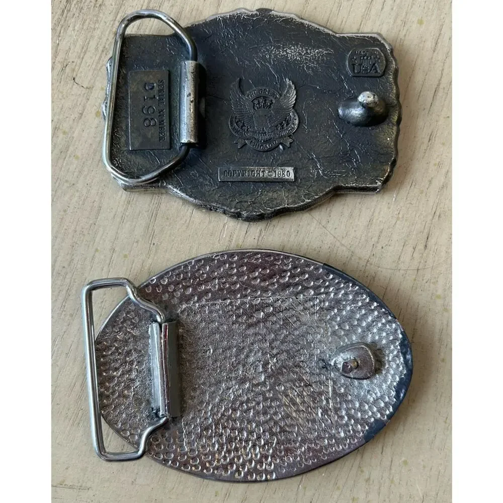 2 VTG EAGLE Belt Buckle Embossed Leather & Silver Turquoise USA American HEAVY